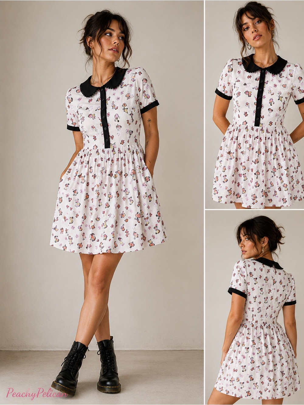 ModCloth Peter Pan Collar Perfume Print Fit & Flare Dress Small Whimsical Retro